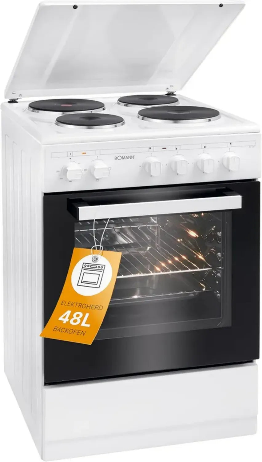 Bomann Elektroherd freistehend 50 cm, 4 Kochplatten, 48L Backofen, inkl. Blech & Grillrost